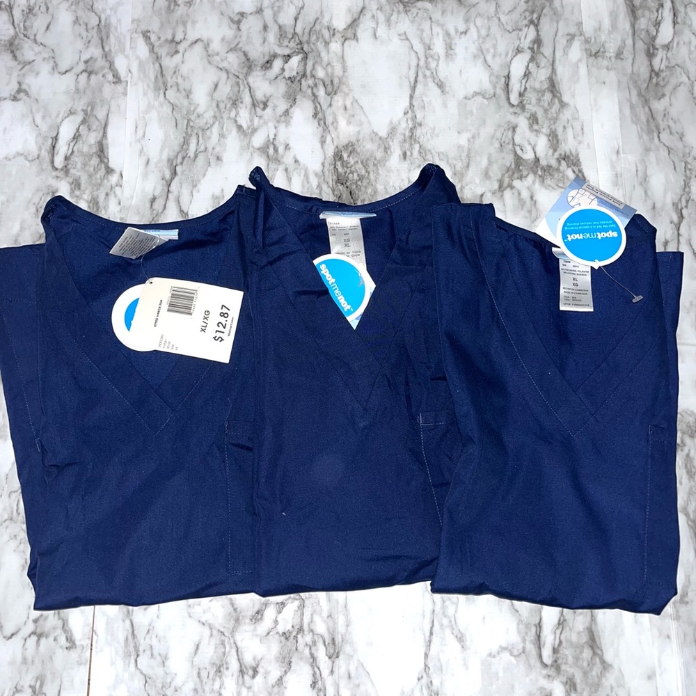 NWT Navy Blue SB Scrub Tops Lot Of 3 V Neck Pocket Style